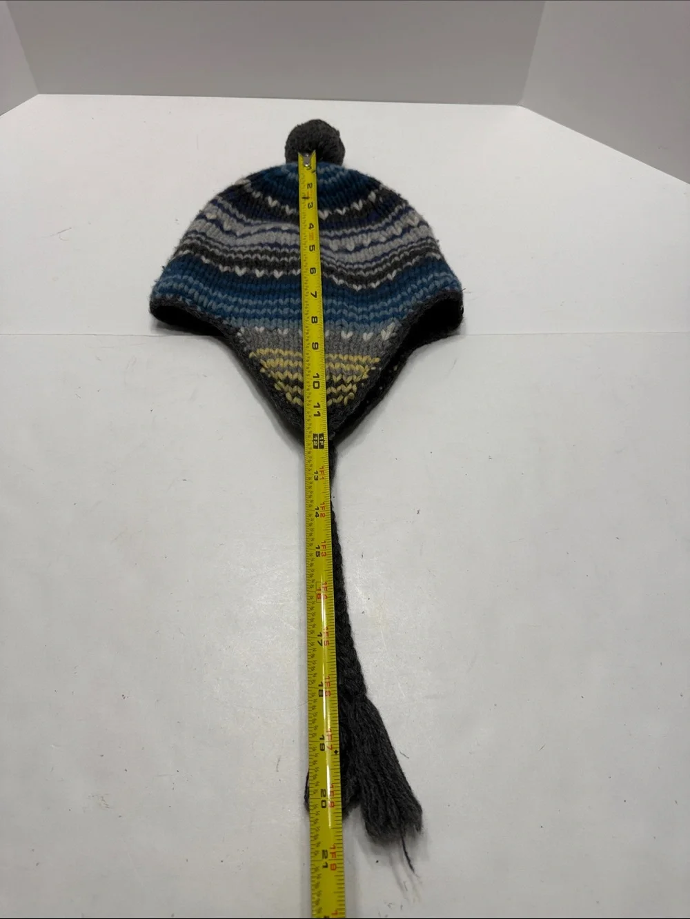 American Eagle Outfitters Blue, Gray, White & Yellow Striped Knit Earflap Hat